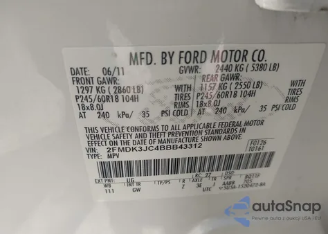 2011 Ford Edge Sel z USA, uszkodzony, nr VIN 2FMDK3JC4BBB43312